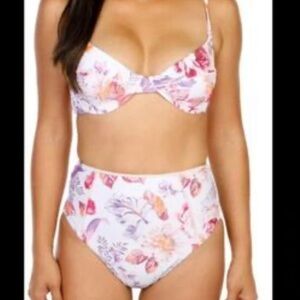 Floral High-Waist Bikini Set - White with Purple & Pink Flowers